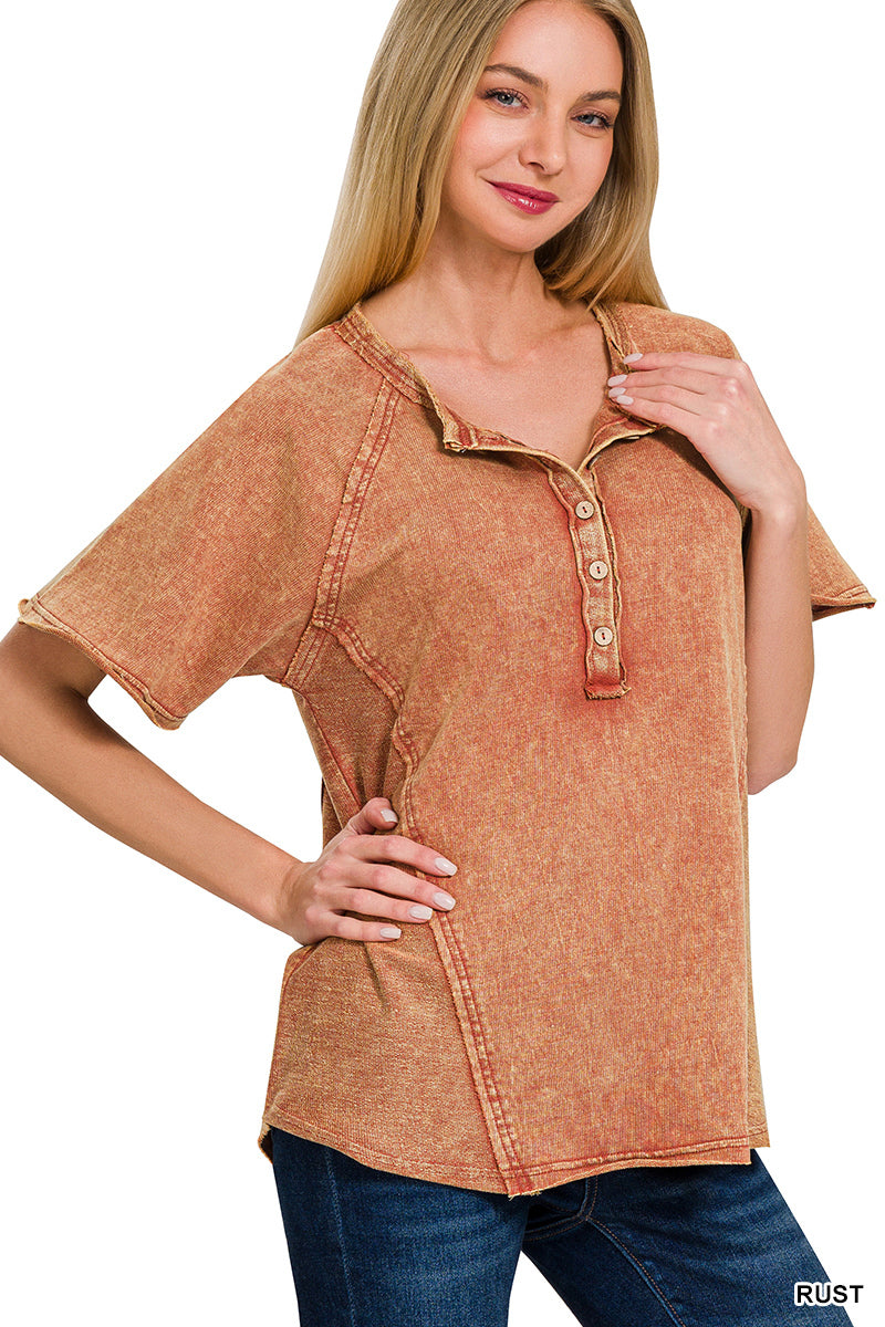 Crinkle Washed F/Terry Button Henley Raglan Top